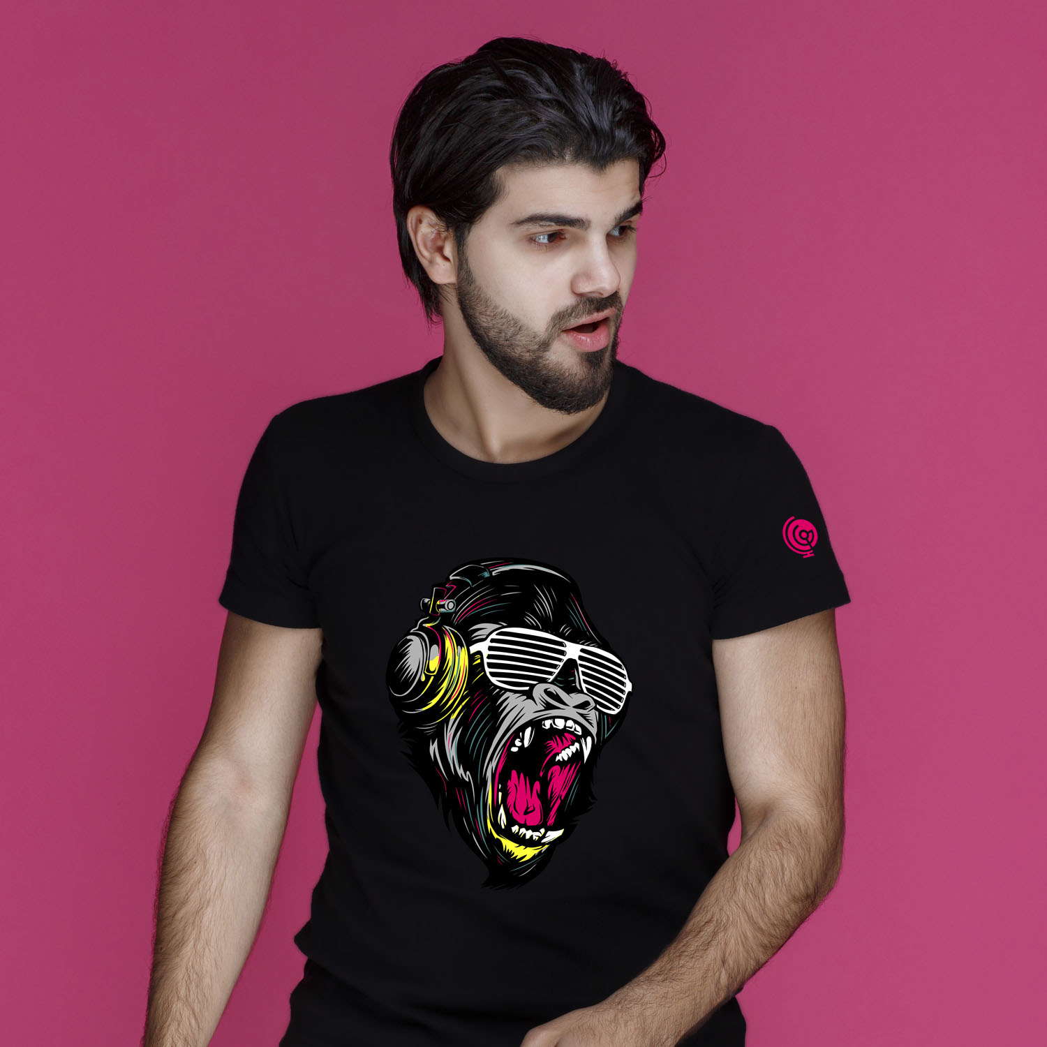 Man in black shirt looks thoughtful, confused and hesitating